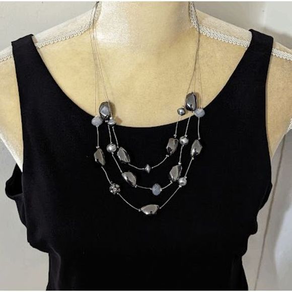 Chico's smoky gray white delicate 3 strand necklace 22" - Picture 2 of 4